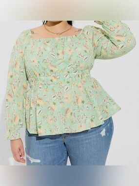 Torrid - Smocked Square Neck Floral Long Sleeve Cotton Peasant Style Blouse